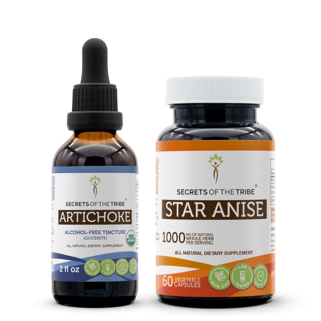 Artichoke USDA Organic and Star Anise Capsules (2 stk.) | alkoholfri organisk artichoke (Cynara scolymus) tørket leaf 2 oz og 1000 mg stjerne anise (Illium verum) tørket frø (60 kapsler)