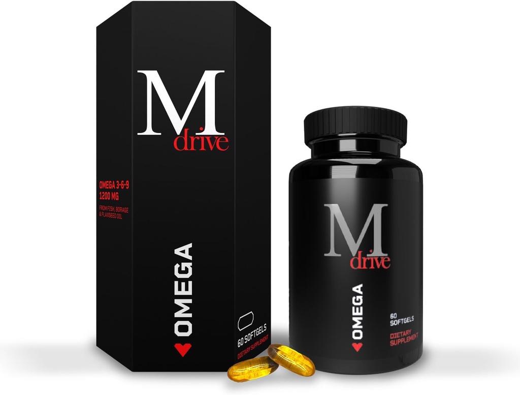 Mdrive Omega 3 Fish Oil for menn, Omega 3-6-9 1200mg fra fisk, boring og flaksfrø olje, støtte hjerte, hjerne, hud og felles helse, 60 greve