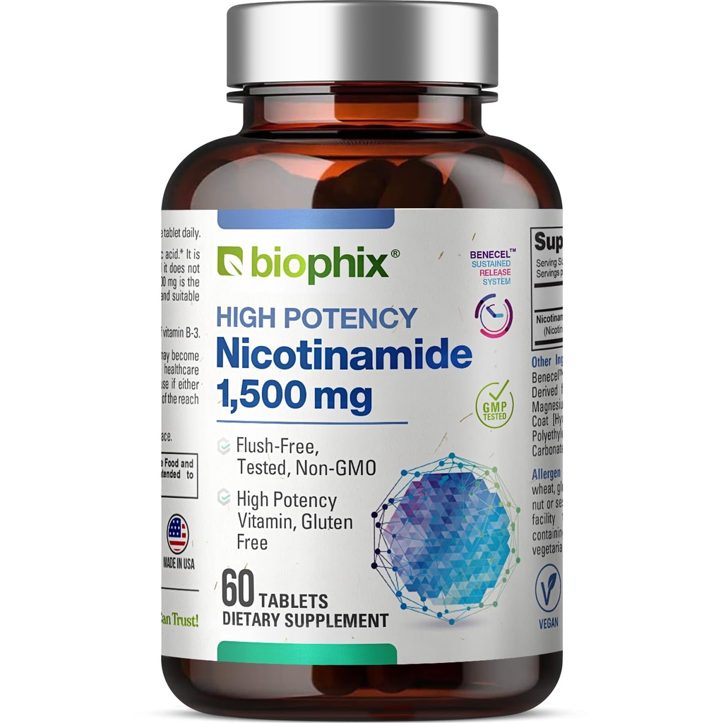 Biophix B-3 Nikotinamid 1500 mg 60 Tabletter Maksimum styrke - Nikotinic amid Niacin Natural Flush-fri vitaminformula - støtter huden celle helse
