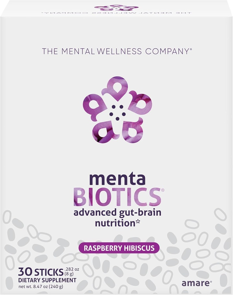 MentaBiotics® Advance Gut Brain Nutrition Prebiotic, Probiotika og Phytobiotika, bringebær Hibiscus, 30 Serveringer