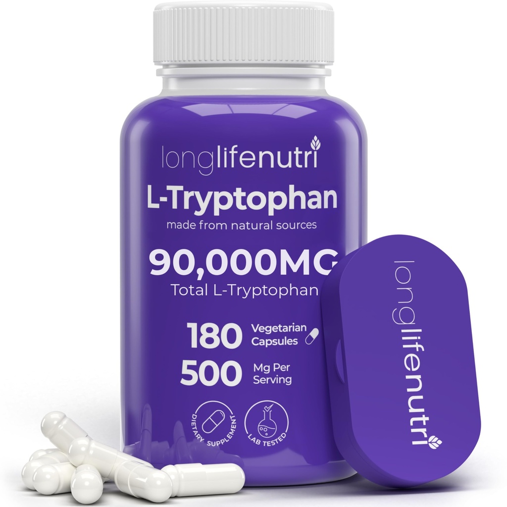 L-Tryptophan 500mg – 180 vegetariske kapsler, 6-måneders forsyning, for søvnhjelp og mood stabilitet, Lab testet, laget i USA, ikke-GMO