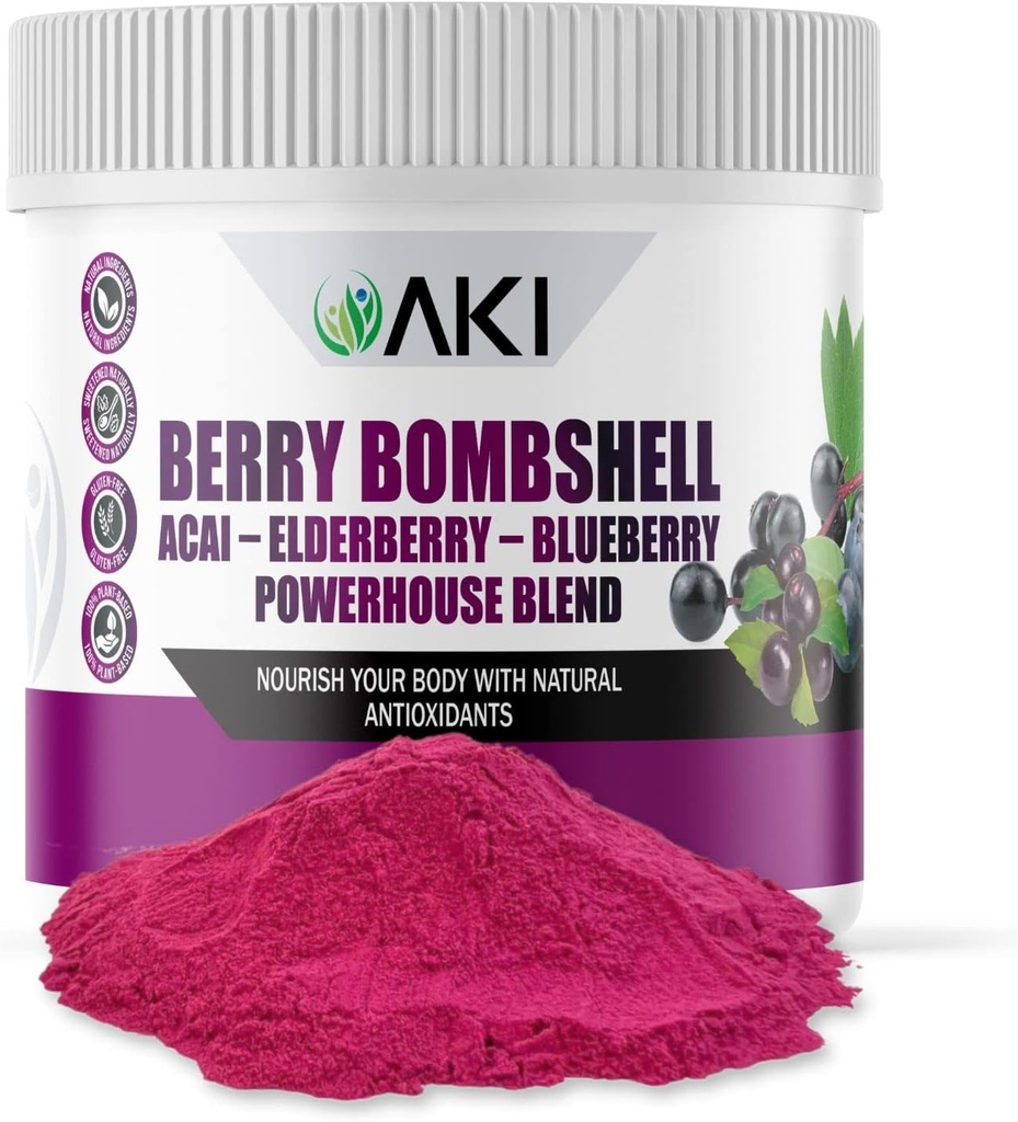 AKI Berry Bombshell - Acai, Elderberry & Blueberry Blend (5.3oz / 150g) - bringer sammen de ideelle bærene for å skape en ernæringsmessig, flavorful og behagelig supermat - Vegansk Vennlig og glutenfri
