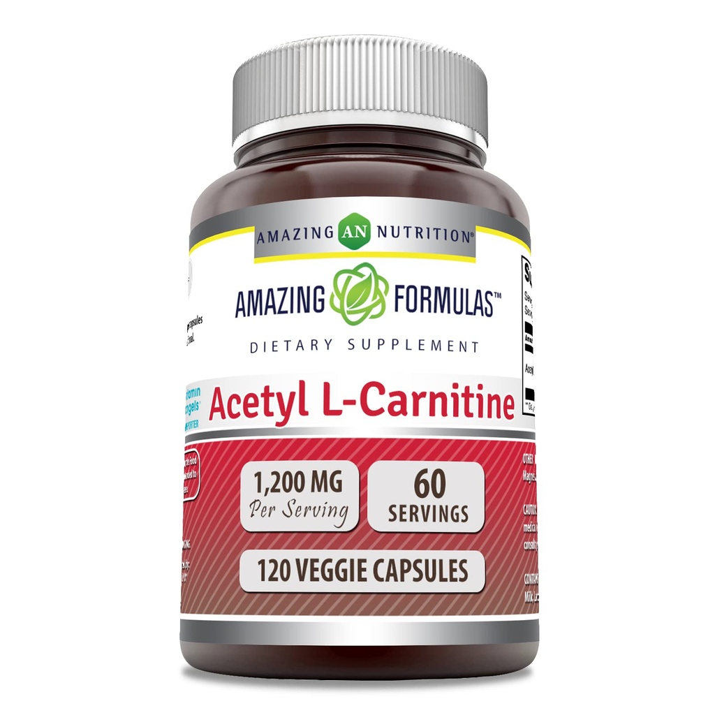 Amazing Formler Acetyl L-Carnitine Supplement | 1200 Mg | 120 Veggie kapsler | Ikke-GMO | Glutenfri | laget i USA