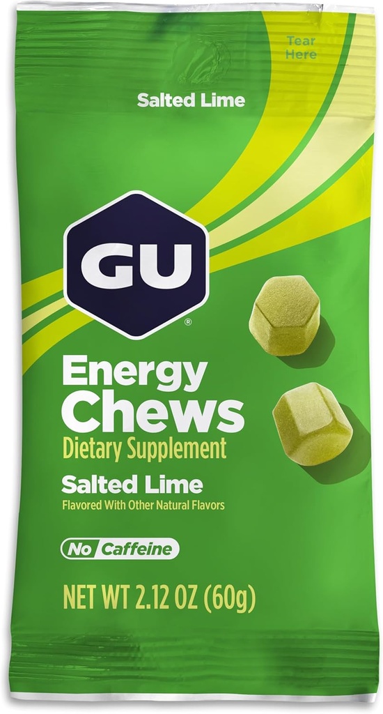 GU Energy Chews, saltet lime energi gummier med elektrolyter, vegansk, glutenfri, Kosher, koffeinfri, og dairy-free on-The-Go energi for enhver trening, 12 poser (24 serveringer totalt)