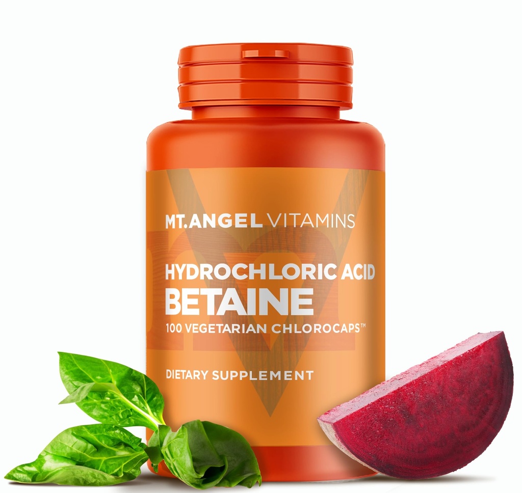 Mt. Angel vitaminer - Hydrochloric Acid Betain, støtter Sunn Digestion & Gastric Juices (100 vegetariske klorokaps)
