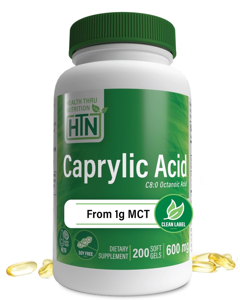 Helse Thru Ernæring Caprylsyre 600mg 200 Softgels | C8 Oktansyre fra ren 1g MCT olje | Ikke-GMO & Soya Gratis | Støtte sunn digestiv og intestinal helse | Keto Vennlig