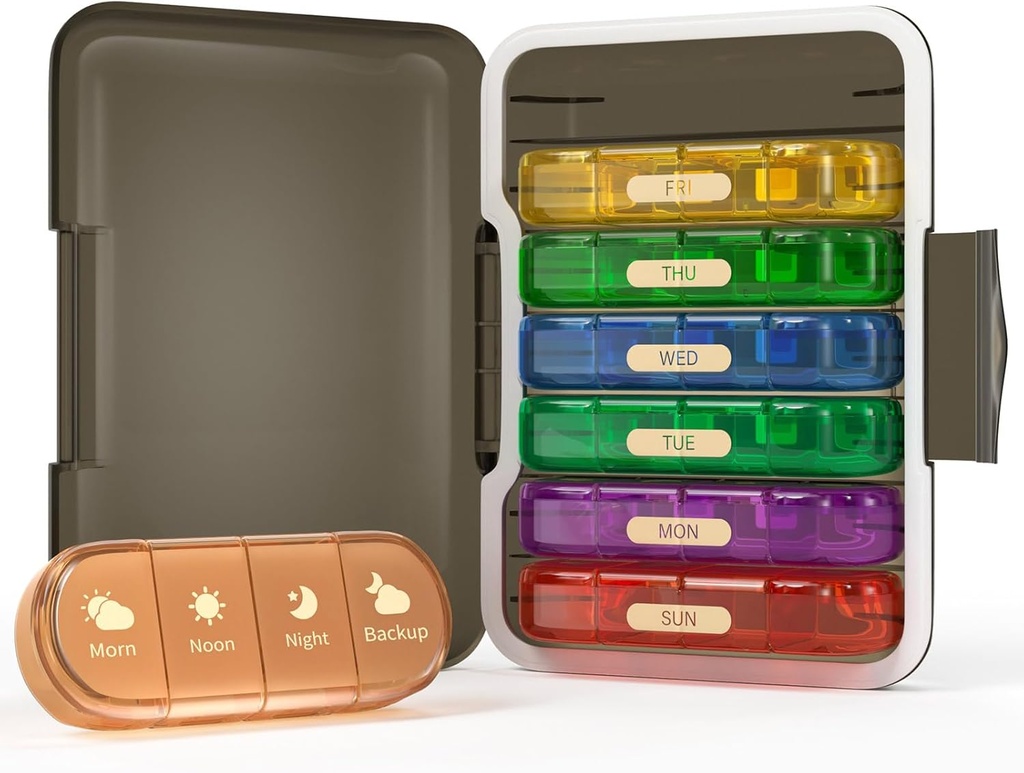 Weekly Pill Organizer 4 ganger om dagen, 7 dagers pilleboks 4X, bærbar for reisepille tilfelle for piller/vitamin/fish olje/medikasjon/Supplements (4x7 Black+Rainbow)