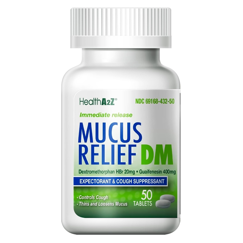 HealthA2Z® Mucus Relief DM | Dextromethorphan HBr 20 mg Guaifenesin 400 mg Ingen Benzene | Cough, Umiddelbar frigivelse, Ubelagt (50 antall)