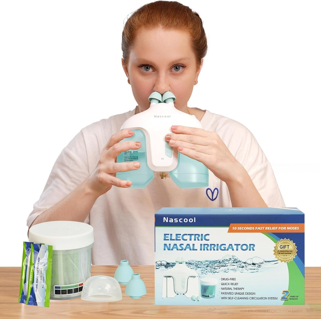 Elektrisk Nasal Irrigasjonssystem, Nasal rengjøringsmaskin Nese Cleaner for Sinus Voksen, Nese Vaskemaskin, Nasal rengjøringssystem med 50 saltpakker (grønn)