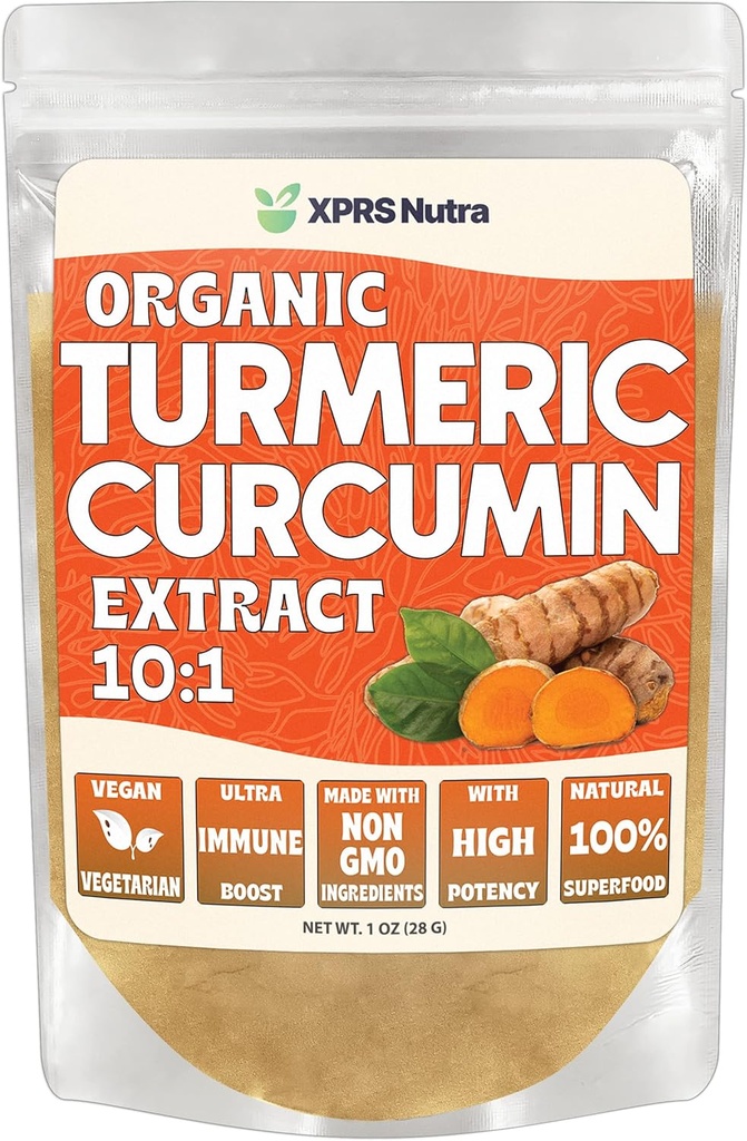XPRS Nutra Organic Turmeric Curcumin Powder Extract 10:1 - Premium USDA Organic Curcumin pulver for immunisme - Veganvennlig ren curcumin for Gut helse (1 Ounce)