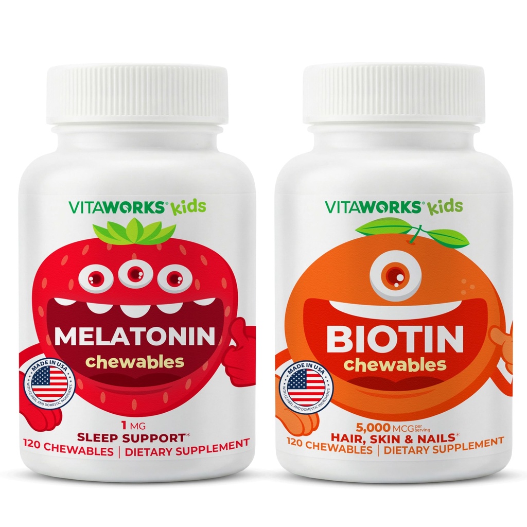 Kids Melatonin 1 mg Chewables + Biotin 5000mcg Chewables Bundle