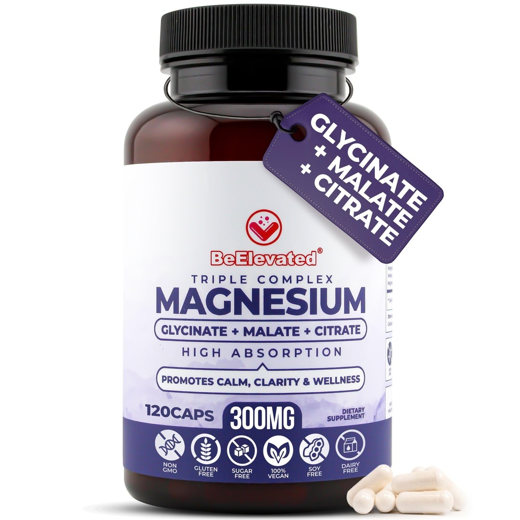 Triple Complex Magnesium Supplement - Fast-Active Magnesium Complex Supplement med Glycinate, Citrat & Malate for avslapping, søvn og velvære - Naturlig, Vegansk, Ikke-GMO Kapsler (300mg)