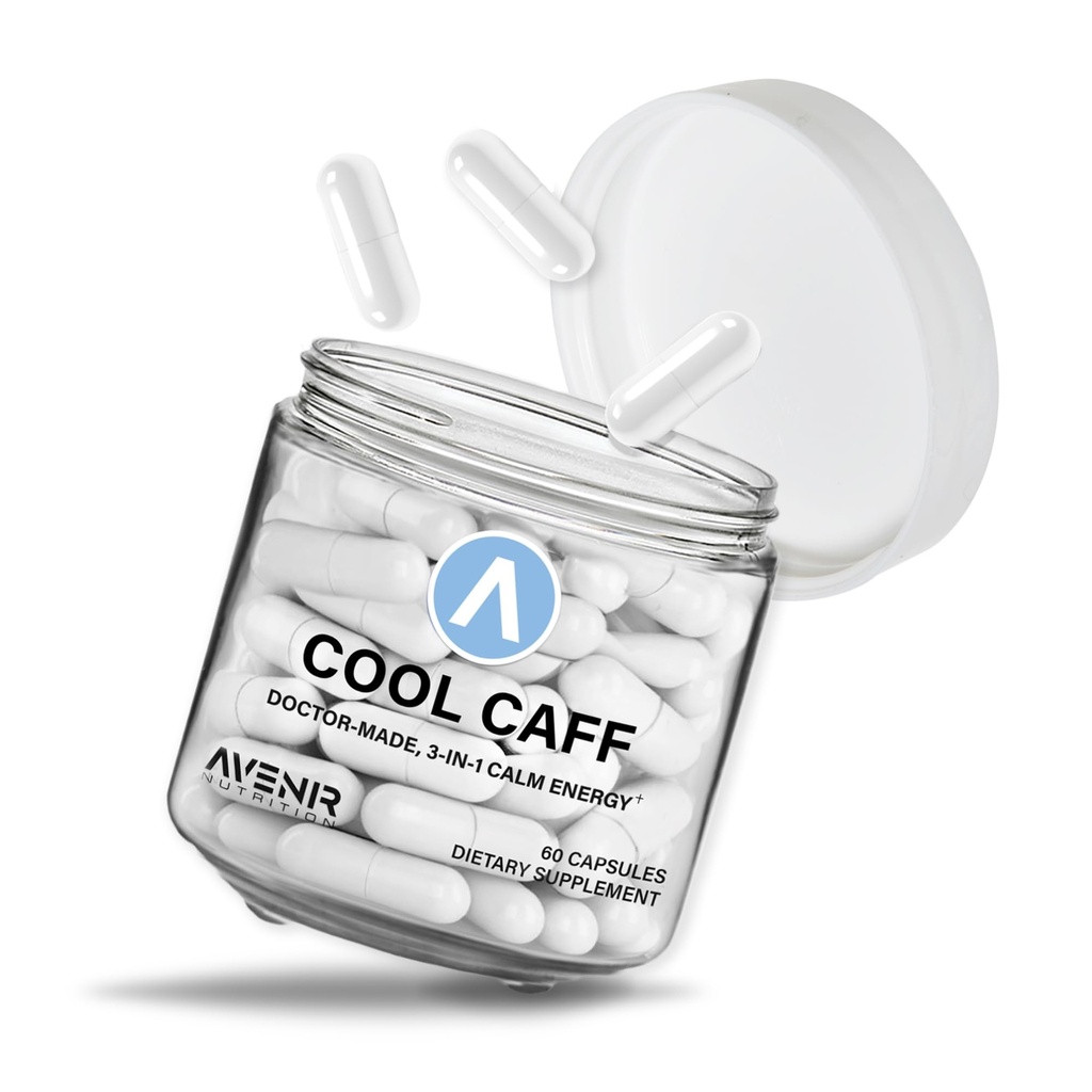 Avenir Ernæring Cool Caff Energi Kosttilskudd, L teanin og kaffe - Energiforsterkning og fokus - Før trening for kvinner og menn, Kaffe Alternativ 60 Kapsler