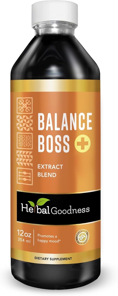 Herbal Goodness Happy Mood Support Supplement - St Johns Worth fremmer avslapping og ro, Rhodiola Rosea Balance Boss 12 Fl. oz