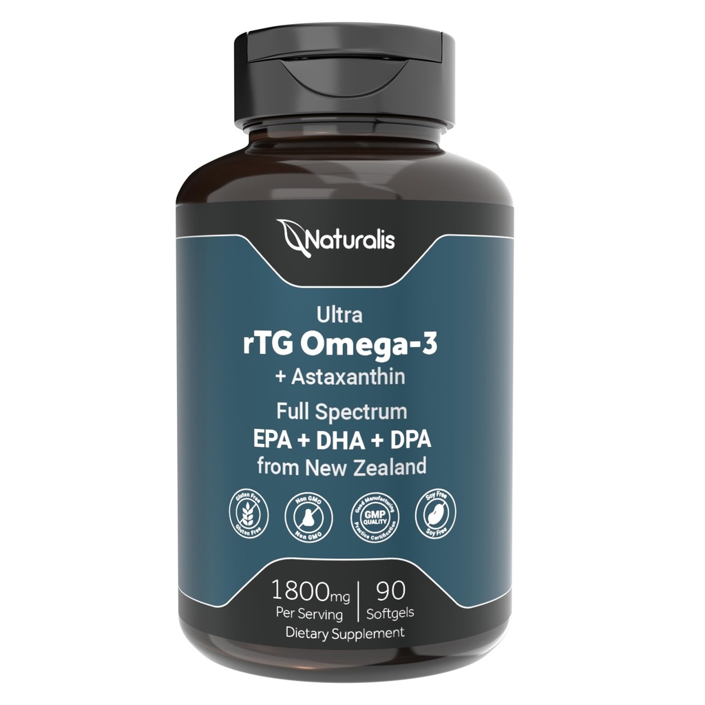 Naturalis Ultimate rTG Omega 3 Fish Oil 1800mg fra Wild New Zealand Tuna - Full Spectrum Omega3s EPA, DHA & DPA - Uten GMO, Glutenfri - 90 Softgels