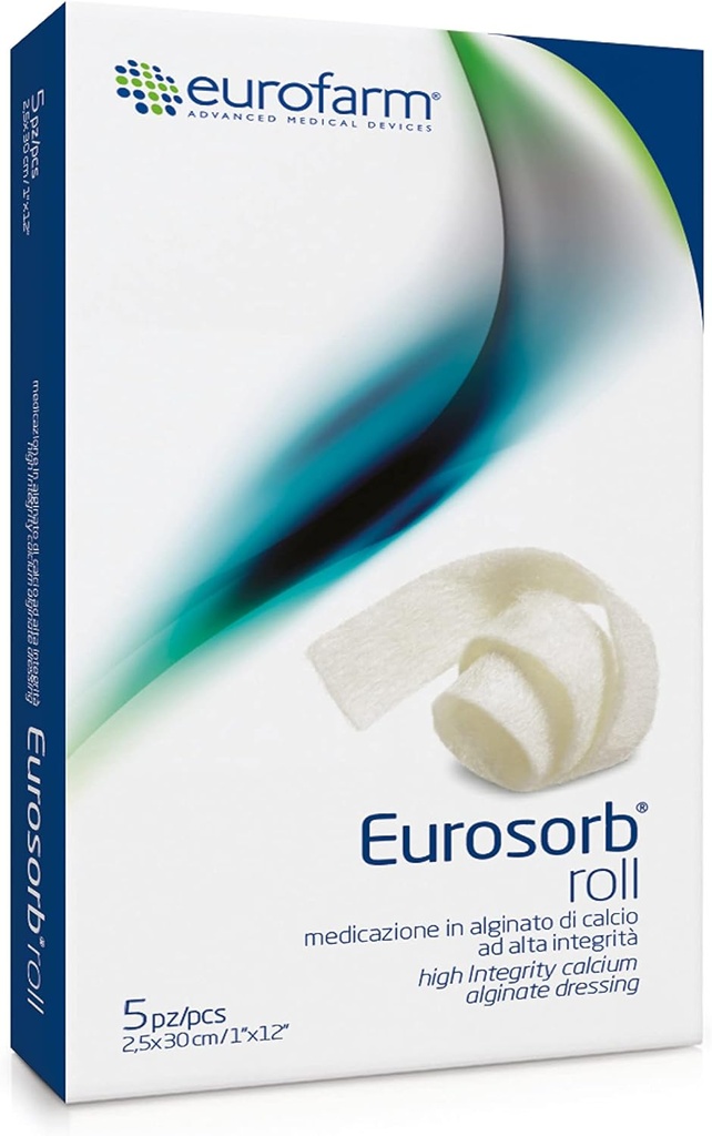 Eurosorb Roll -1 x 12 i -100% høy integritet kalsium Ribbon Dressing, Promotes Helbredelsesprosessen, Formatering av ny tube, Integral Alginate –5 stykker