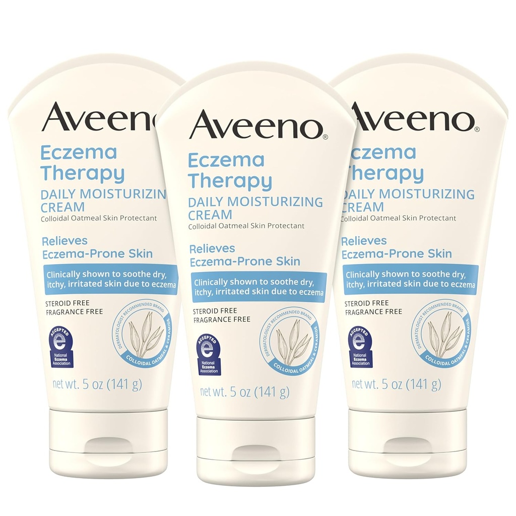 Aveeno Eczema Terapeutisk Daglig Moisturizing Body Cream For Sensitive Hud, Soothing Eczema Relief Cream, Colloidal havremel & ceramide for tørr og kløende hud, Steroid- & Fragrance-fri, 5 oz, Pakke med 3