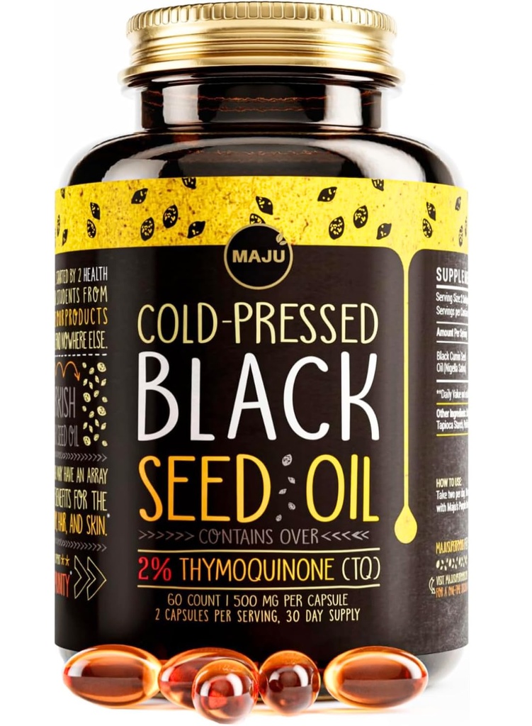 Maju Superfoods Black Seed Oil Capsules - kald presset, 2% Thymoquinon, 100% tyrkisk svart cumin Nigella Sativa Seed Oil, flytende ren svartfrø 60 greve, 500 mg per kapsel