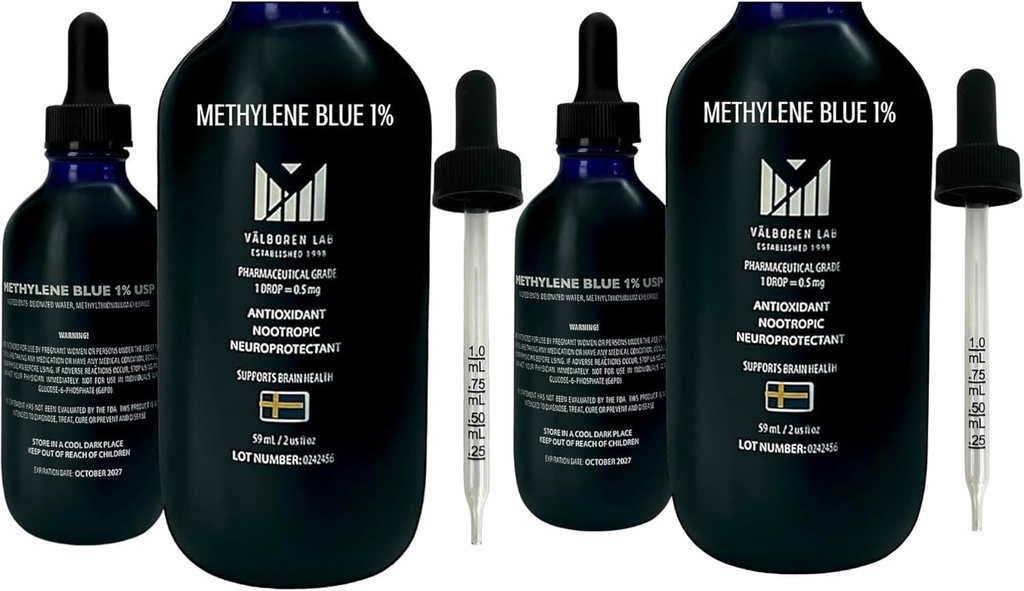 Methylen Blå Farmasøytisk Grade Bundle - 2 oz & 4 oz Flasker - USP Grade - laget i USA - Tredjeparts testet, Formaldehyd & alkohol-fri - Brain Health Supplement - metylen 1% Drops for mennesker