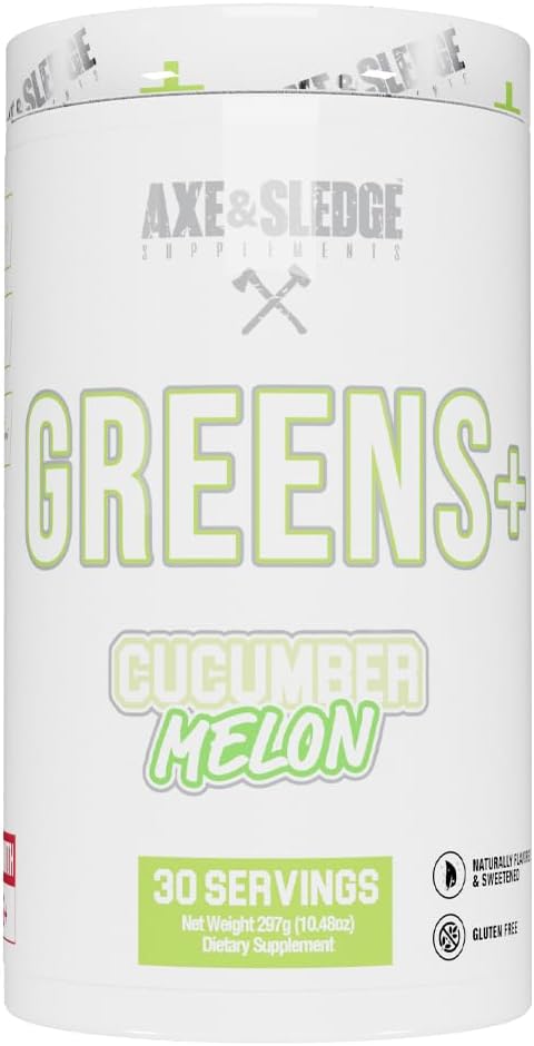Axe & Sledge Greens + Superfood pulver | Grønn Juice, Probiotika, Digestive Enzymer, Ashwagandha, Kokosvannspulver | Naturlig Flavored & Søt, 30 Serveringer, Plus V2 Cucumber Melon