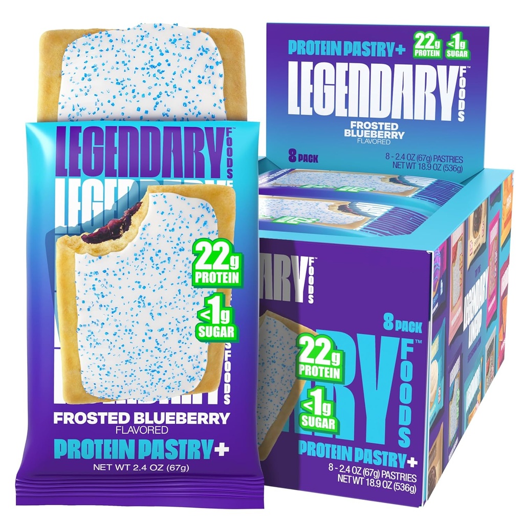 Legendariske matvarer 22g Protein Pastry+ Frosted Blåbær, Lav karbohydratmåltid Erstatning Bar - Lav glykemisk, Glutenfri Protien Snacks - Sunn Keto Snack Box 8 Zero Sukker Energi Barer - Diabetisk Vennlig