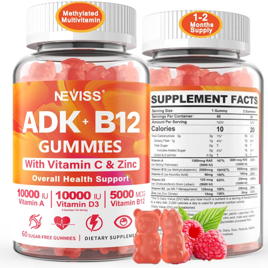 Metylert multivitamin kvinner menn, vitamin D3 K2 5000IU / 10.000IU, B12 5000 mg 2500mcg, K2 (MK-7) 240mcg-ADK+Metyl Vitamin B12, Vegan D3,Vitamin A,C, Zinc Eye,Bone,Energy,Immune, Sukkerfri Gummies