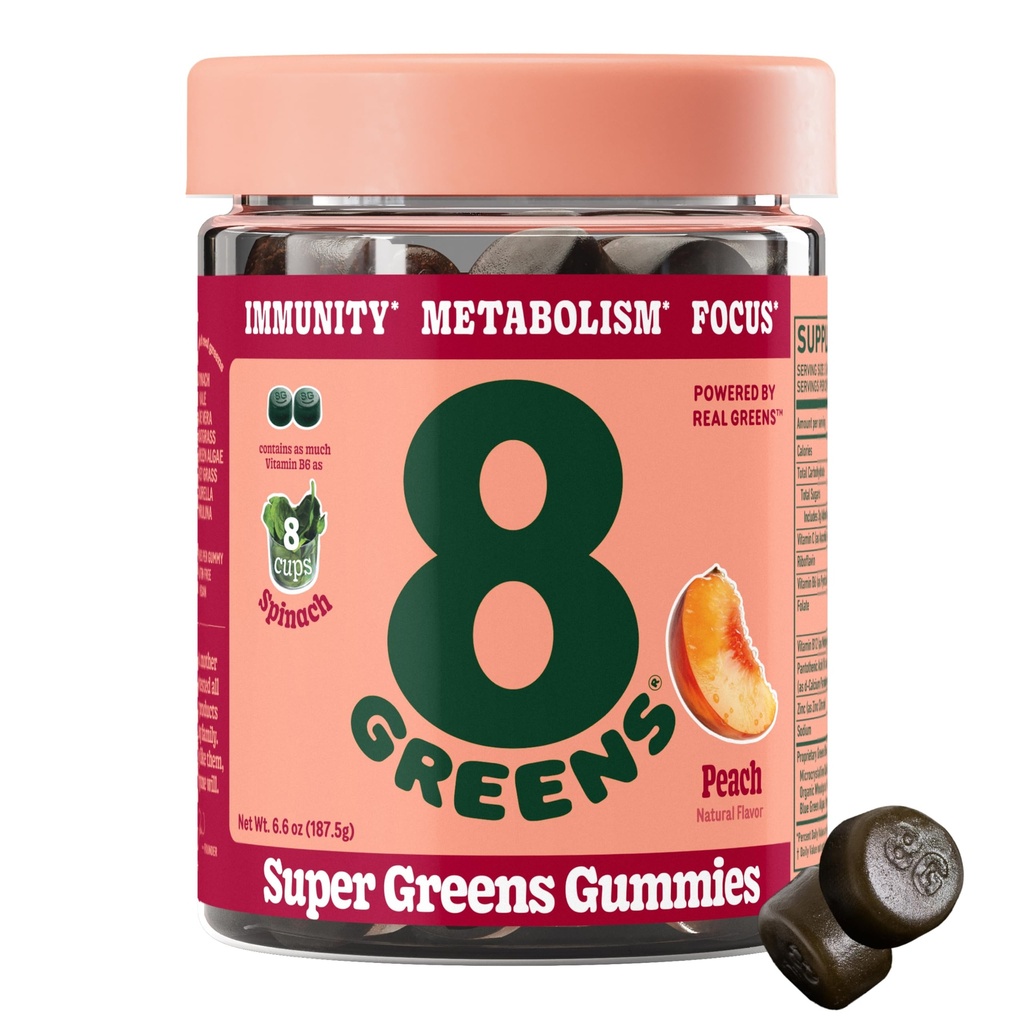 8Greens Supergreens Gummies Super Greens Powder Superfood Gummy for metabolisme, immunitet og fokus, Digestive helse Enzymes, Organisk: Klorella, Spirulina, Aloe Vera, Peach Flavor, 50 greve