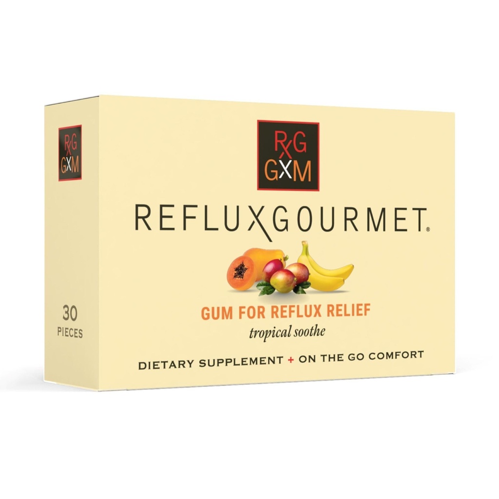 Reflux Gourmet Tropical Soothe Gum Alginate Terapy Natrium Bikarbonat Gum for syre Reflux, Oral, Kognitiv og Digestiv støtte, Naturlig med Ginger, Celeriac, Aloe, Sukkerfri, Glutenfri, Vegansk