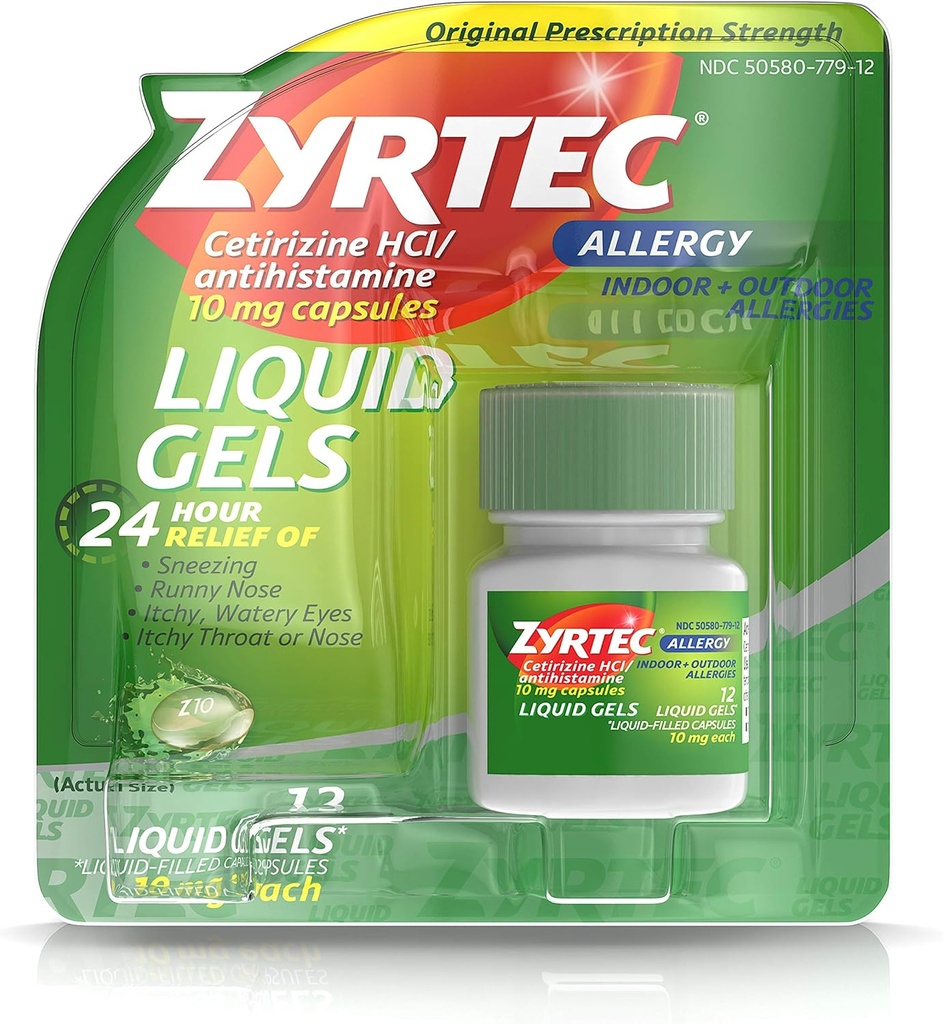 Zyrtec 24-timers innendørs og utendørs allergivæske geler, antihistaminer kapsler med cetirizinhydrochlorid for hele dagen allergi relief, 12 ct (pakke med 2)