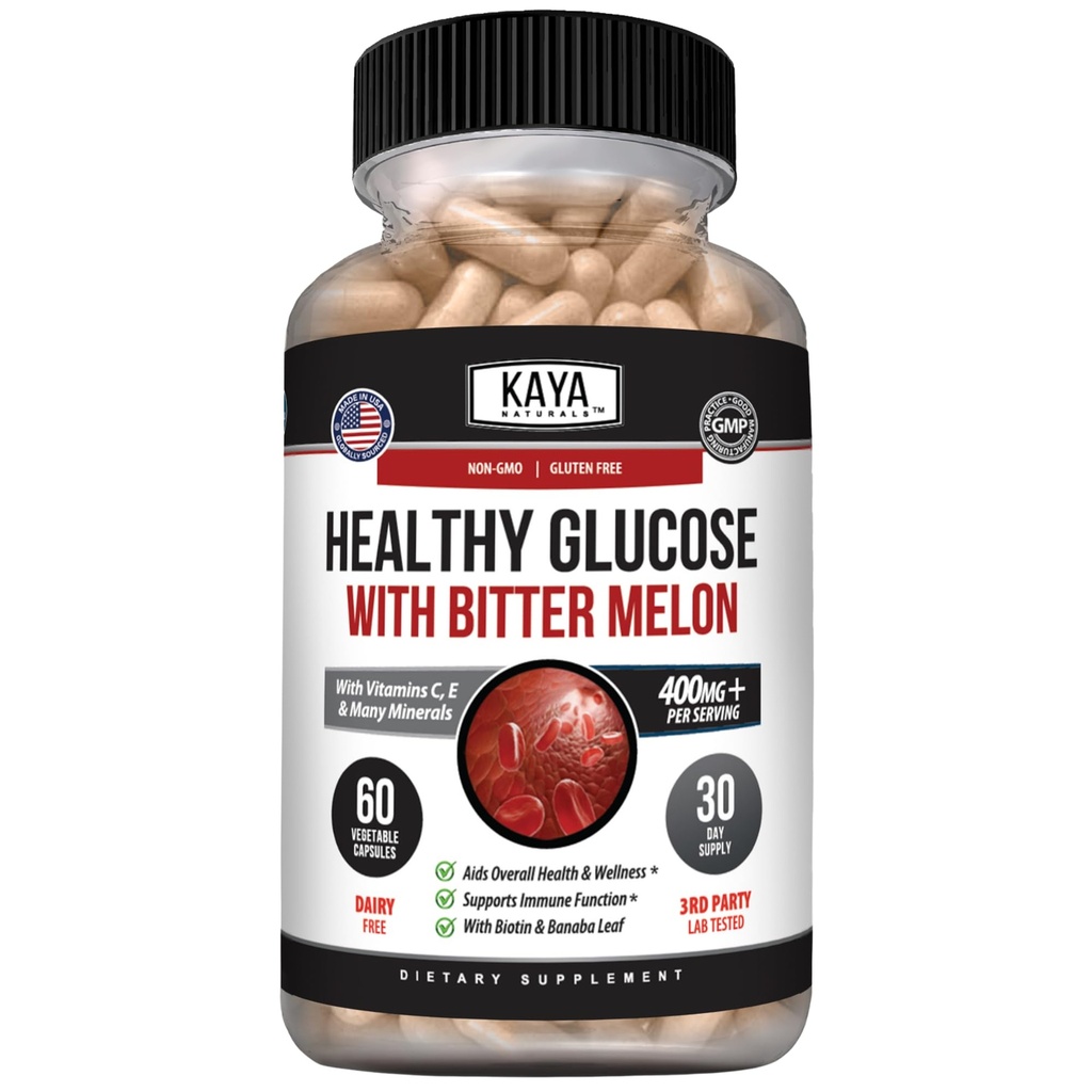 Kaya Naturals Sunn Gluco med Bittermelon Supplement | Støtte sunne nivåer og funksjon, 20 urter vitaminer og mineraler, Alpha Lipoic Acide, kanel, vitamin C & E, ikke-GMO (60 greve)