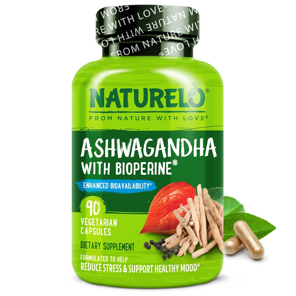 NATURELO Ashwagandha Organic Root Powder - naturlige urter Supplement for tretthet, Stress Relief, Mood Enhancer - med svart pepper ekstrakt - 90 Vegan Kapsler