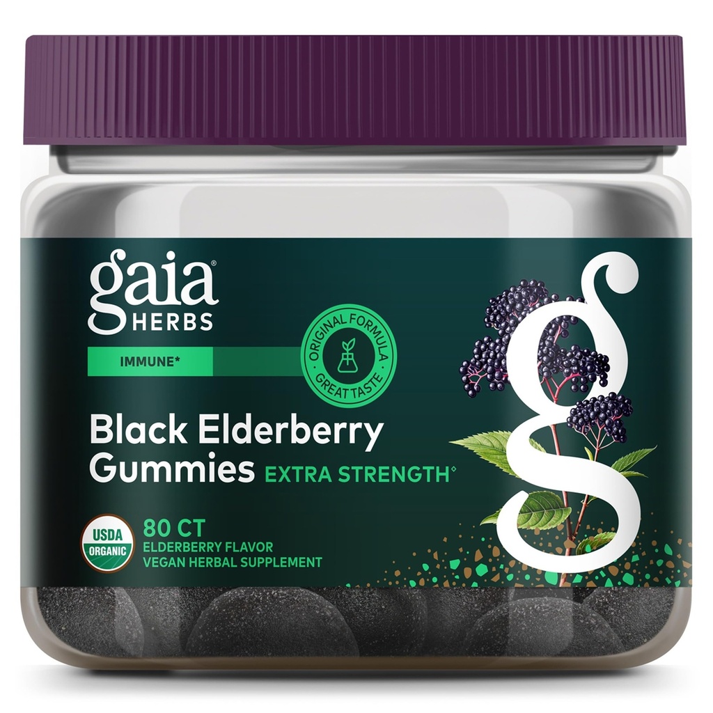 Gaia urter Svart Elderbær (Sambucus Nigra) Ekstra Styrke Gummies - Delicious Immune Support Supplement - laget med sertifiserte organiske svart eldrebær for immunsystemstøtte - 80 Gummies
