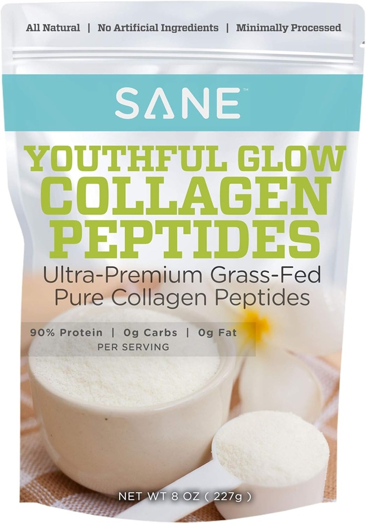 SANE MD - Youthful Glow Vital collagen pulver - Organic Grass Fed Bovine Hydrolysert Collage Peptides pulver for hår, negler, hud og felles helse - NSF Certified - 37 Services
