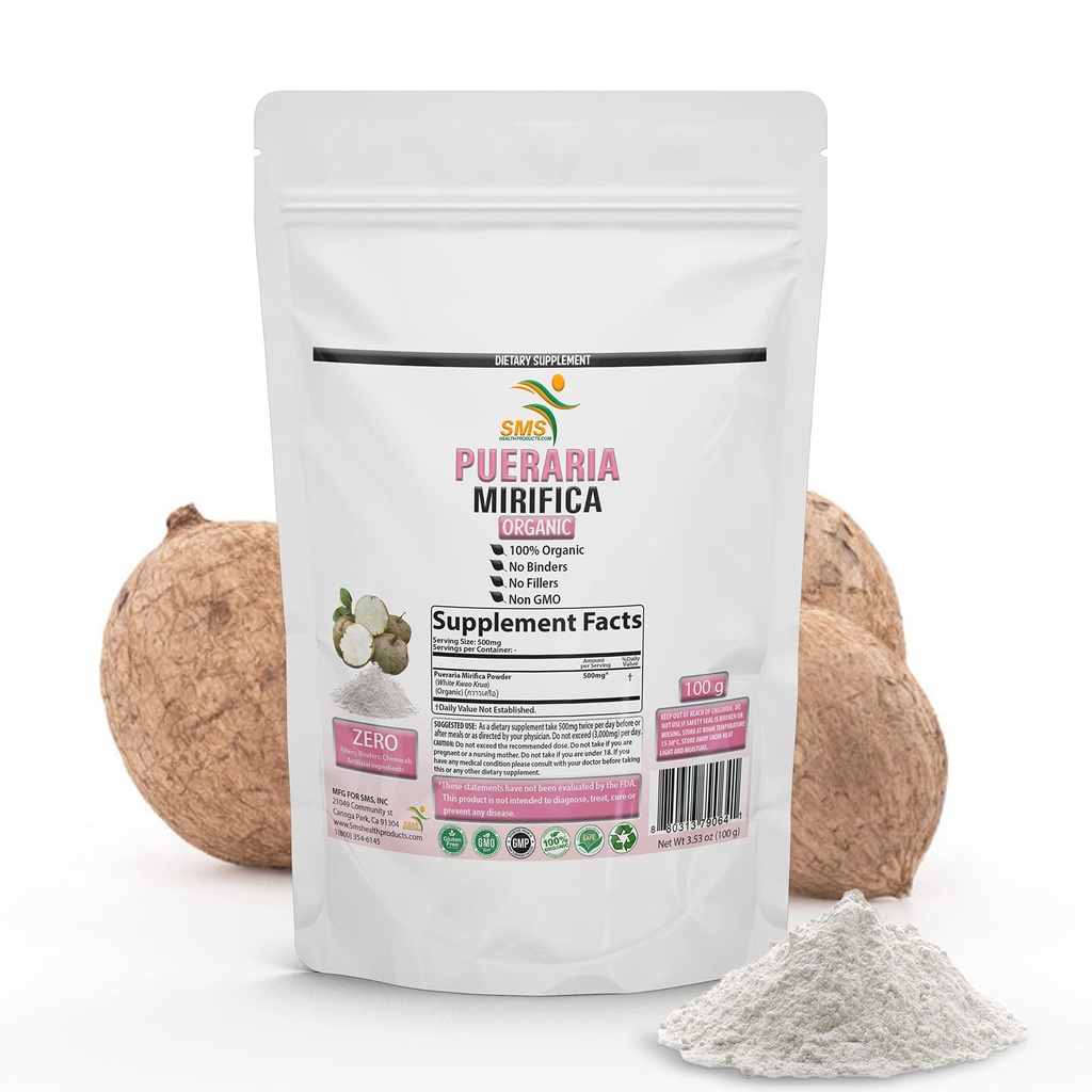 Potent Pueraria Mirifica Hvit Kwao Krua Kao pulver, fremmer kvinners helse | Importert fra Thailand | Økologisk, ikke GMO, Glutenfri Supplement | 100g | av SMS