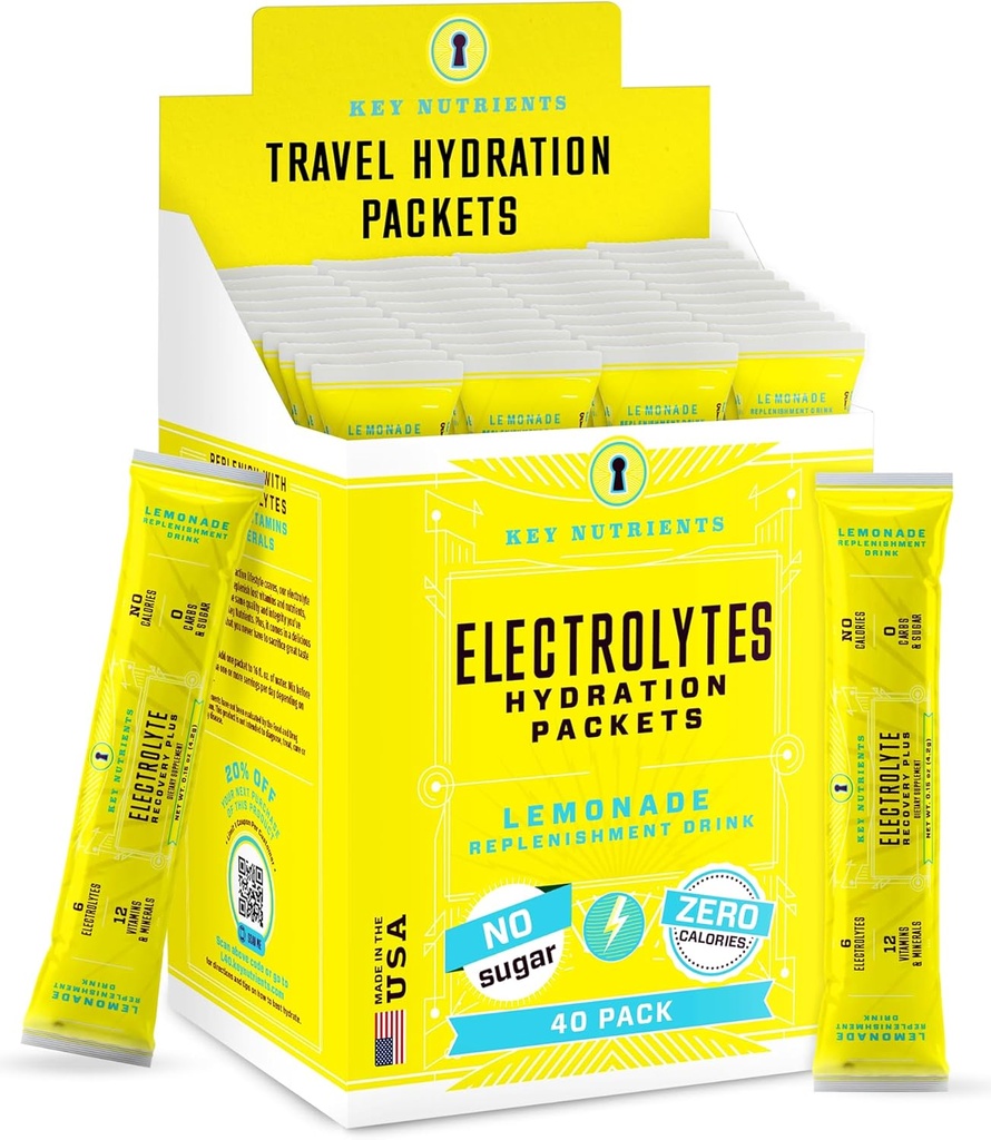 KEY NUTRIENTS Multivitamin Electrolytes Hydration Packets - Oppfriskende Lemonade Post Trening og gjenoppretting 40 Pack - Ingen sukker, Ingen kalorier - Reise Hydration Powder