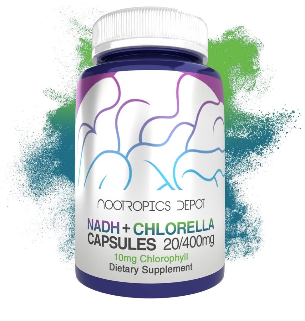 Nootropics Depot NADH + Chlorella vulgaris (Broken Cell) 400mg Kapsler | Nicotinamid Adenin Dinucleotid 20mg | Klorofyll 10mg | Energi, Varsel, Mental klarhet og sunn aldring, 30 Antall