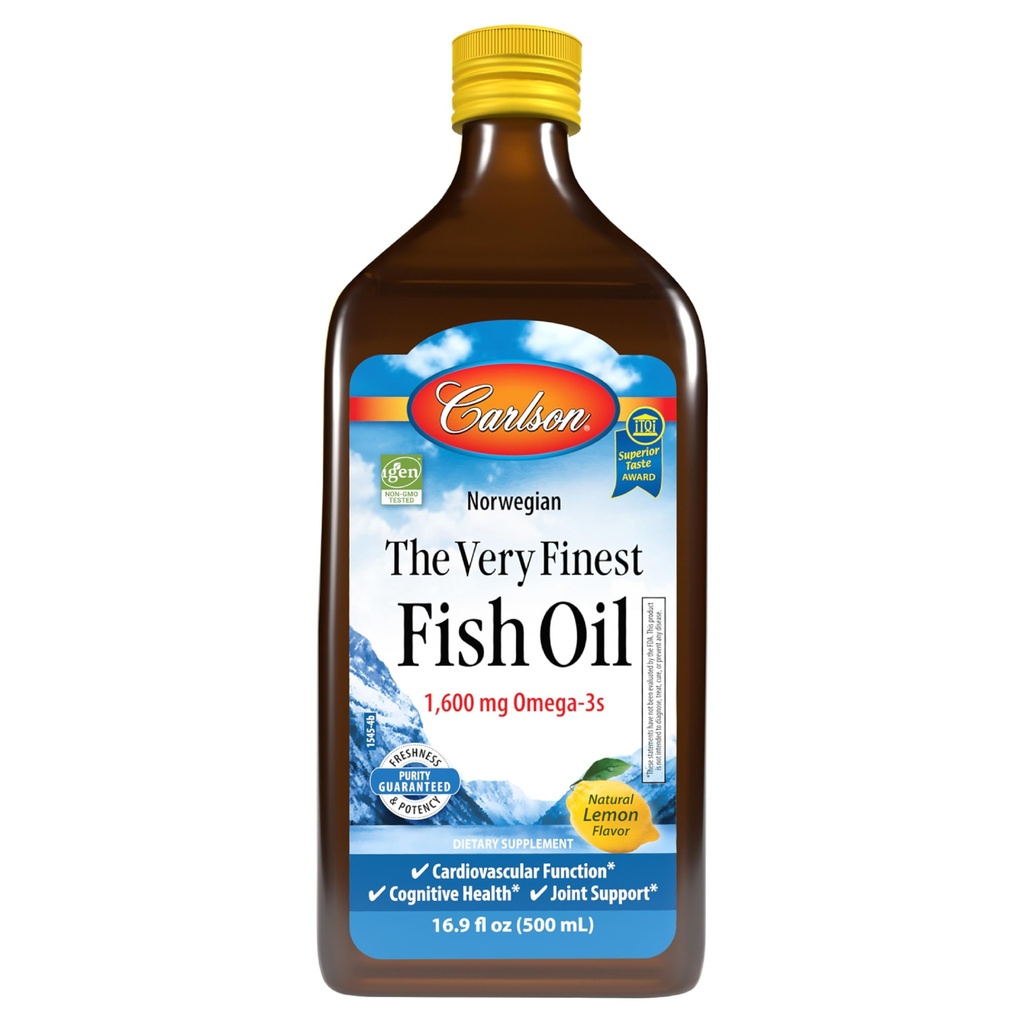 Carlson - Den aller fineste fiskeoljen, 1600 mg Omega-3s, flytende kosttilskudd, norsk, Wild-Caught, Sustainablely Sourced, Lemon, 16,9 fl Oz
