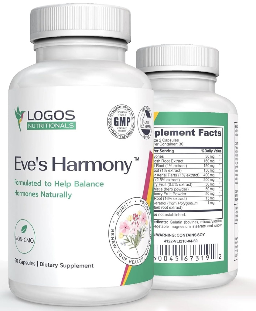 Eve's Harmony Menopause Supplement, Hormone Support for Women with Soy Isoflavones, Black Cohosh & Red Raspberry, Non-GMO Natural PMS & Menopausal Symptom Support, 60 Capsules