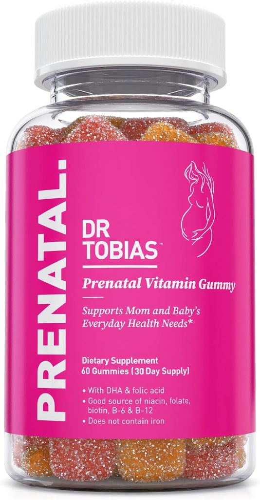 Dr. Tobias Prenatal Vitamin Gummy, jernfri prenatal vitaminer med DHA og folsyre, Niacin, Biotin, B6, & B12, inkluderer fiskeolje, for pre & postnatal støtte, 60 gummier, 30 serveringer
