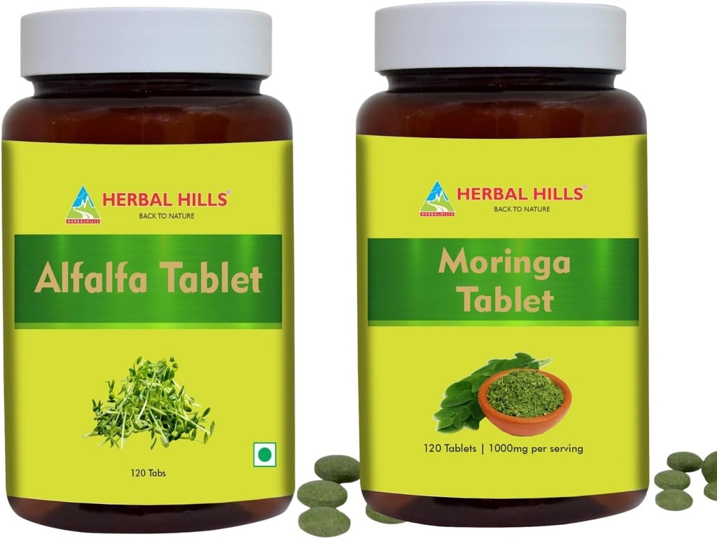 HERBAL HILLS Alfalfa tablett og Moringa Leaf tablett pakke med 2 Combo