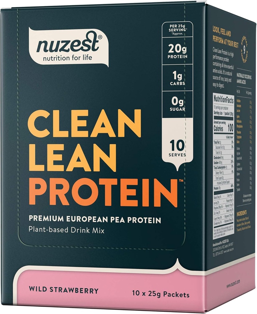 Nuzest - Pea Protein Powder - Clean Lean Protein, Premium Vegan Plant Basert Protein pulver, Dairy Free, Glutenfri, GMO Free, Protein Shake, Wild Strawberry, 0,9 oz, (Pack of 10)