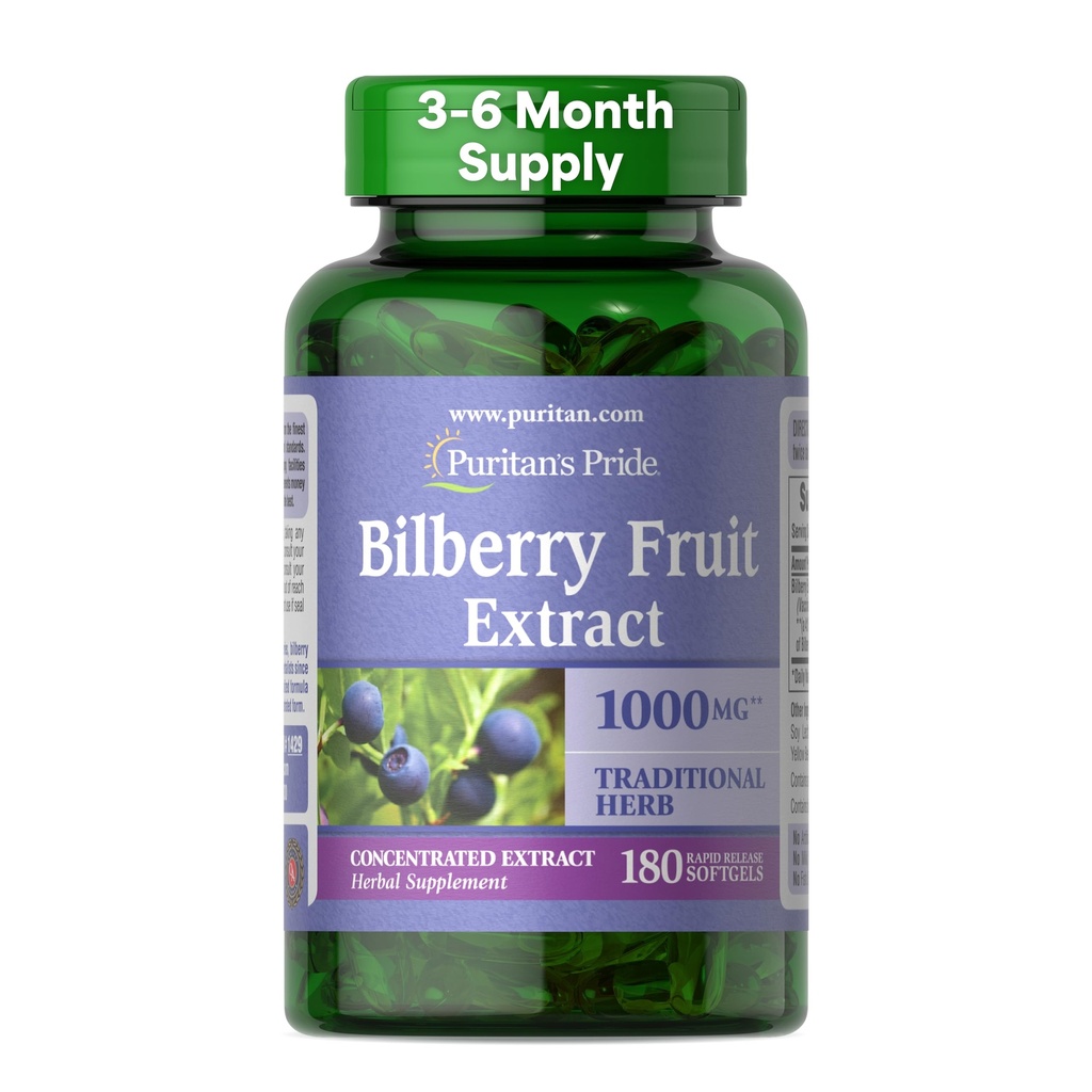 Puritans Pride Premium Bilbær Frukt Ekstrakt 250 mg (1000 mg tilsvarende), 4:1 Konsentrert Herbal Supplement, Vitamin C, 3 til 6 måneders forsyning, 180 Rapid Release Softgels(Packaging May Vary)