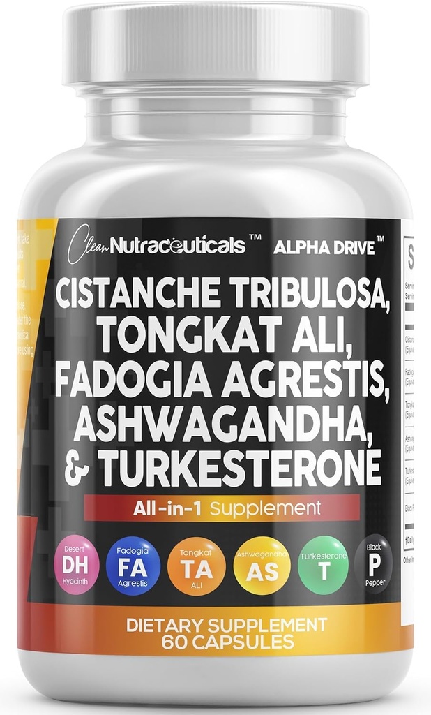Ren Nutra Cistanche Tribulosa Fadogia Agrestis Tongkat Ali Turkesterone piller Ashwagandha kapsler Supplement for menn - 60 Count