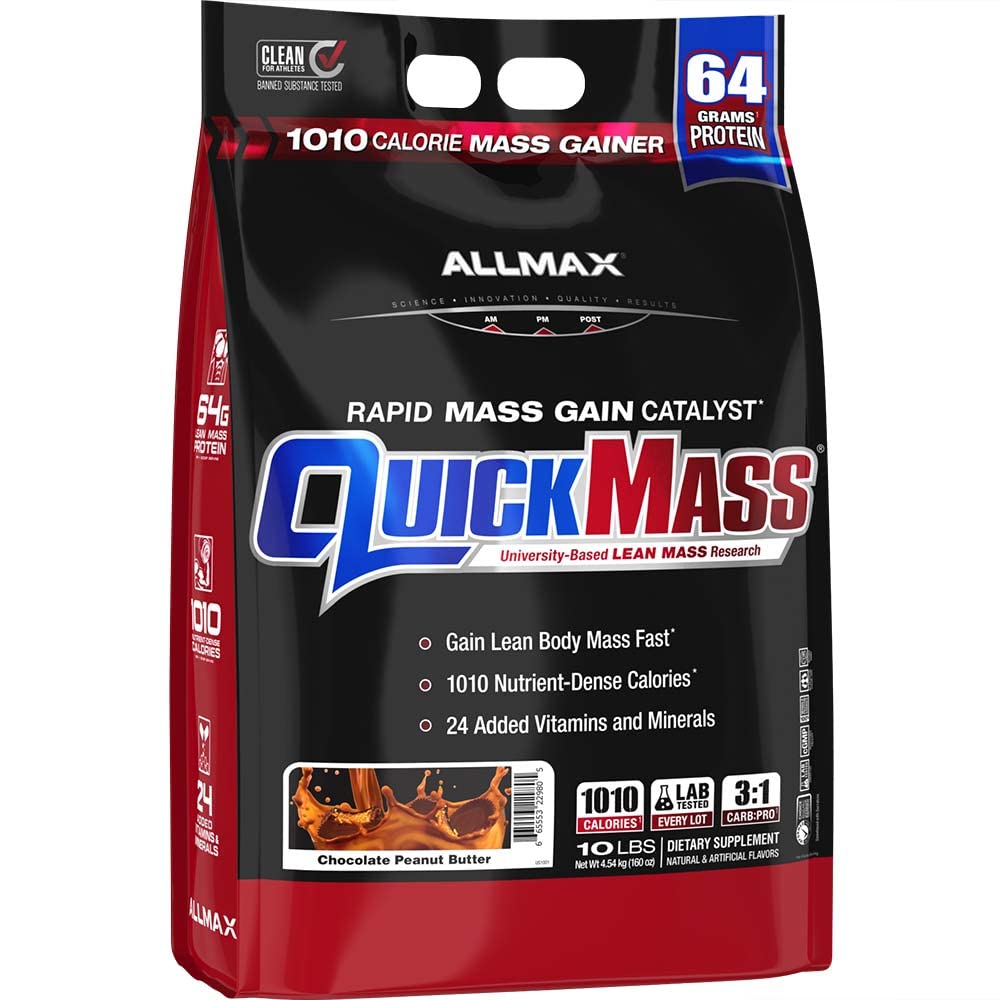 ALLMAX QUICKMASS, informasjonskapsler og krem - 10 lb - Rask Mass Gain Catalyst - Opp til 64 gram protein per servering - 3:1 Carb til proteinforhold - Null transfett - Opp til 70 serveringer