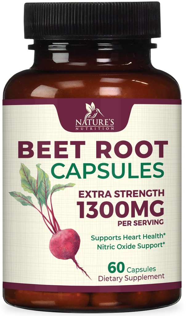 Beet Root Capsules 1300mg - Ekstra styrke rød beetroot pulver Supplement – støtter nitric oksid produksjon, hjerte helse og naturlig energi – ikke-GMO, Vegan, Glutenfri – 60 Veggie Kapsler