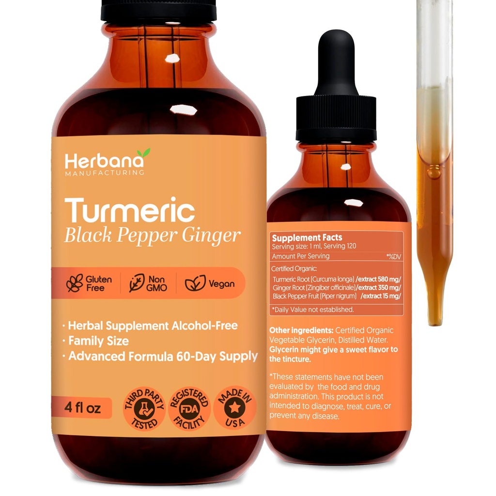 Turmerisk 3-i-1 flytende ekstrakt - Curcumin & Ginger, Svart Pepper - Naturlig Herbal Supplement - Immun og Brain Booster Tinktur (2 FL OZ)
