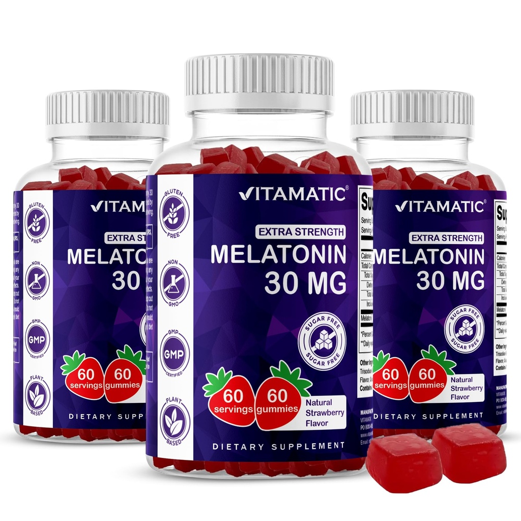 Vitamatic Sukker Gratis Melatonin 30mg per Gummy - 60 Serveringer - 60 Vegetariske Gummier - Ikke-Habit Forming Supplement (60 greve (Pack of 3))