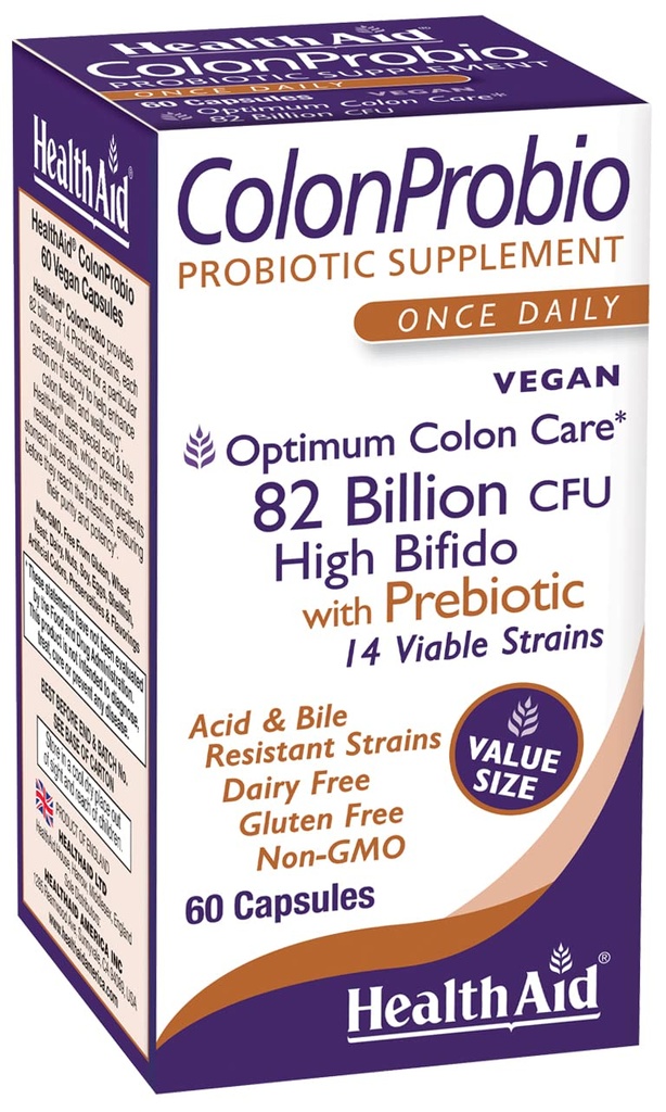 HealthAid ColonProbio 82 milliarder med prebiotisk, 14 Strains, En gang daglig, 60ct, Optimum Colon Care, Syre & Bile Resistant, Dairy Free, Glutenfri, Ikke-GMO, Høy Bifido