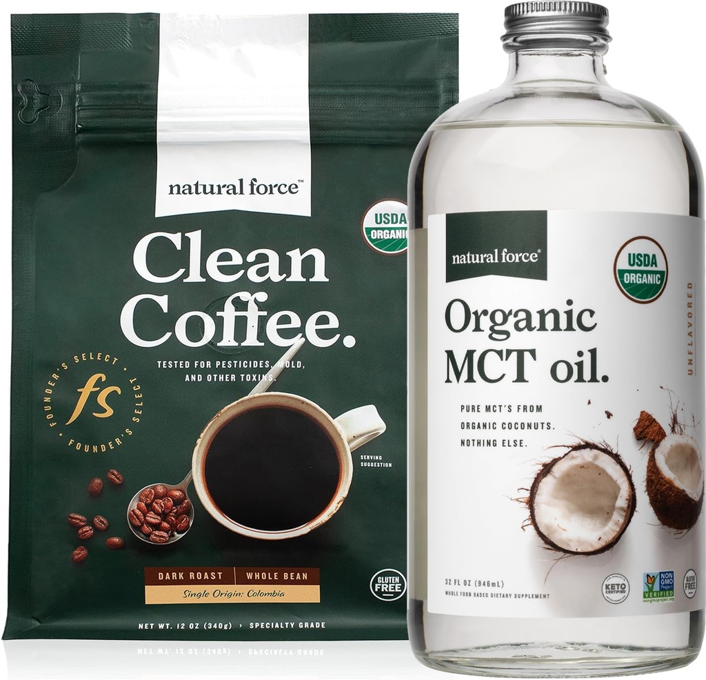 Natural Force Organic Dark Roast Clean Coffee + Organic MCT Oil Bundle - 100% ren kokosnøtt MCTs & Mold & Mycotoxin Gratis kaffe - Ikke-GMO, Keto, Paleo og Vegan - 12 Oz og 32 Oz