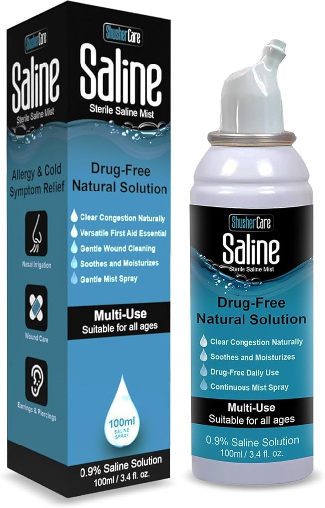 Saline Spray for Nese - Nasal Spray Saline Solution for Nyfødt, Baby & voksne, Saltvann Decongestant Mist for Stuffy Nese, Reisevennlig, Naturlig, 0,9% Saline - 100 ml (3,4 fl oz)